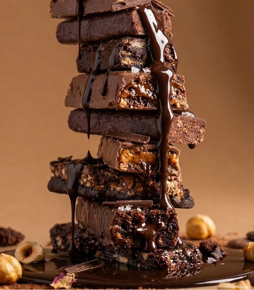 A tall, stacked tower of rich chocolate brownies drizzled with dark chocolate syrup, with hazelnuts scattered around on a warm brown background.