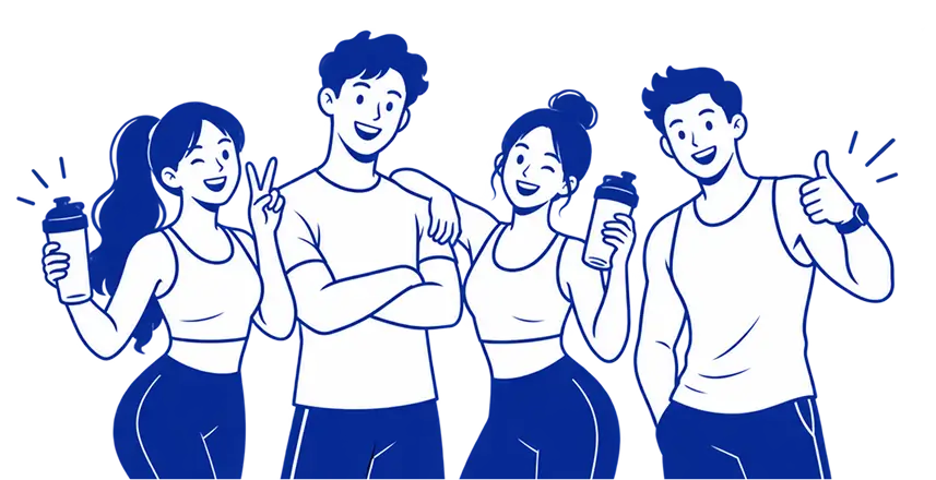 Blue line-art illustration of four smiling fitness people holding shaker bottles, with one person giving a peace sign, one giving a thumbs-up, and two standing with arms crossed, on a white background.