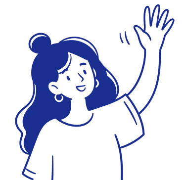 A blue line-art illustration of a woman with a high bun waving her hand, on a plain white background.