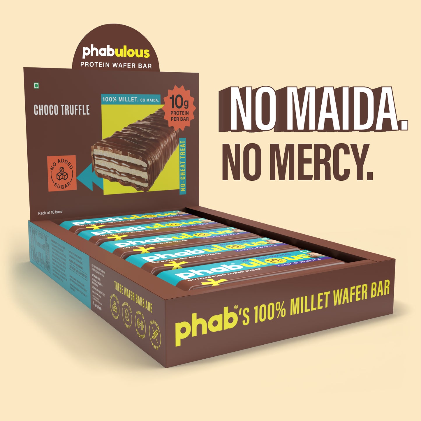 Box of phabulous protein wafer bars with a promotional message on a beige background